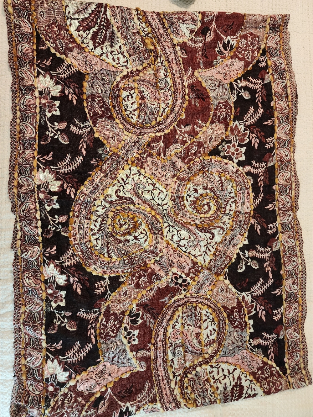 Raj Burgundy Paisley XL Infinity Scarf With Cream, Pink and Gold Layering